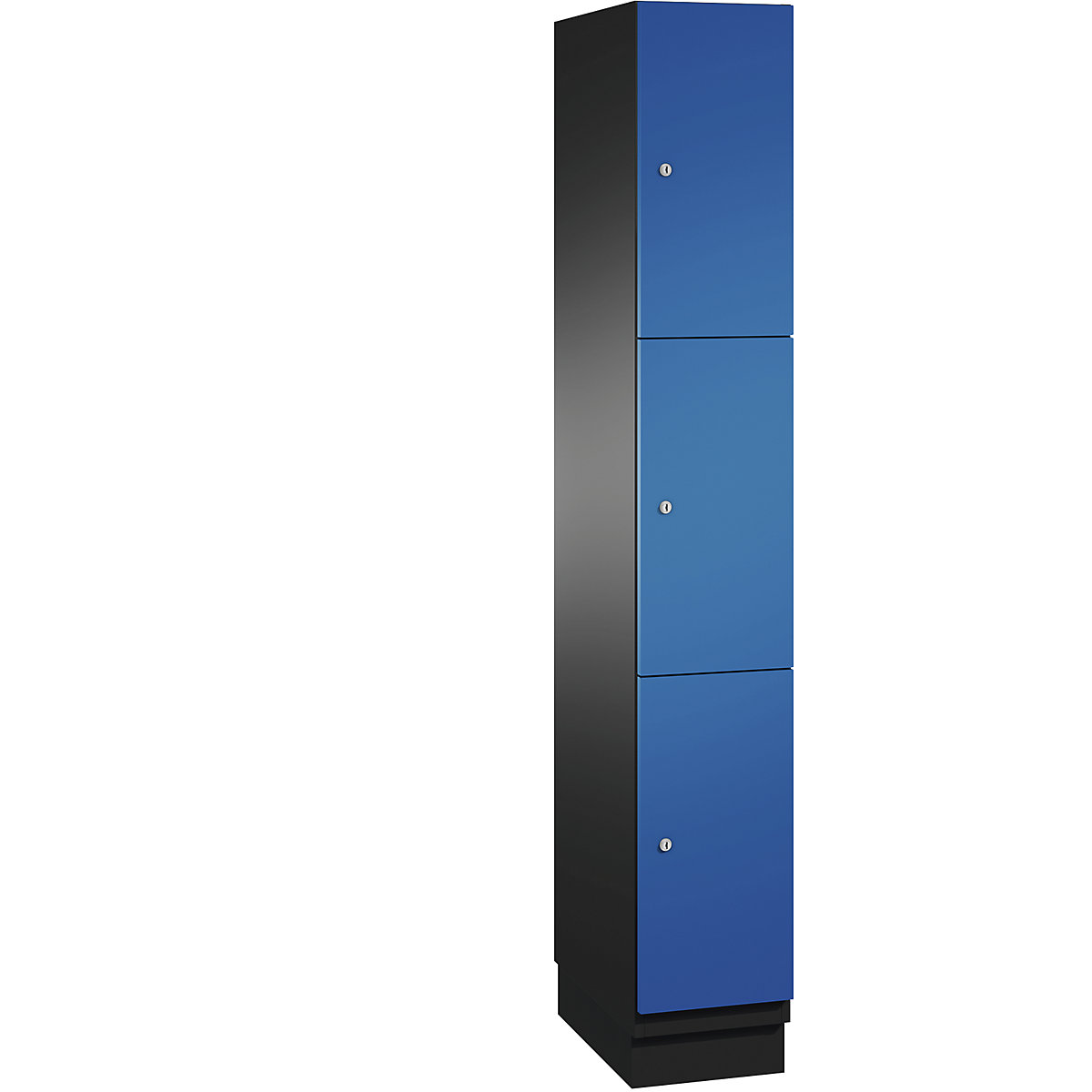 C+P – Skříň s uzamykatelnými boxy CAMBIO s dveřmi z ocelového plechu, 3 boxy, šířka 300 mm, korpus černošedý / dveře hořcově modré