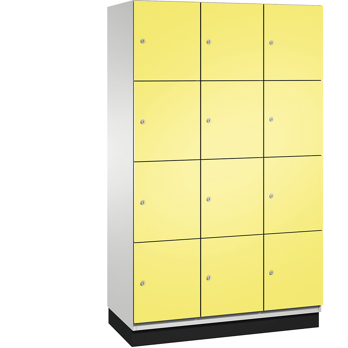 C+P – Skříň s uzamykatelnými boxy CAMBIO s dveřmi z ocelového plechu, 12 boxů, šířka 1200 mm, korpus světlý šedý / dveře sírové žluté, výška boxu 462,5 mm
