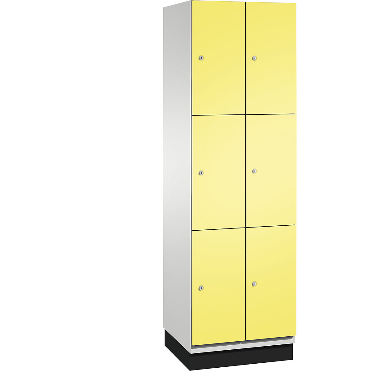 C+P – Skříň s uzamykatelnými boxy CAMBIO s dveřmi z ocelového plechu, 6 boxů, šířka 600 mm, korpus světlý šedý / dveře sírové žluté
