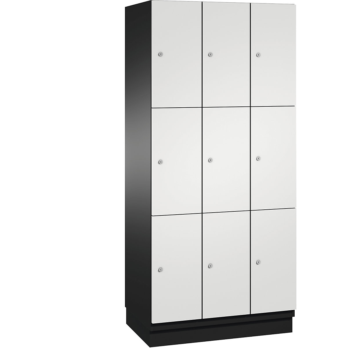 C+P – Skříň s uzamykatelnými boxy CAMBIO s dveřmi z ocelového plechu, 9 boxů, šířka 900 mm, korpus černošedý / dveře světlé šedé