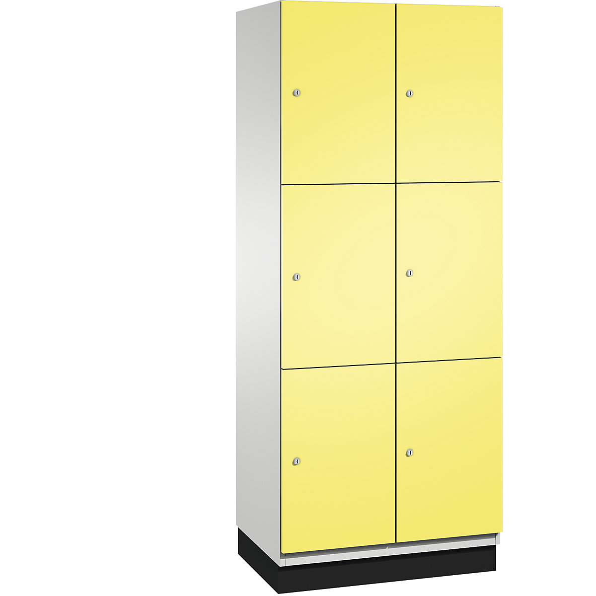 C+P – Skříň s uzamykatelnými boxy CAMBIO s dveřmi z ocelového plechu, 6 boxů, šířka 800 mm, korpus světlý šedý / dveře sírové žluté
