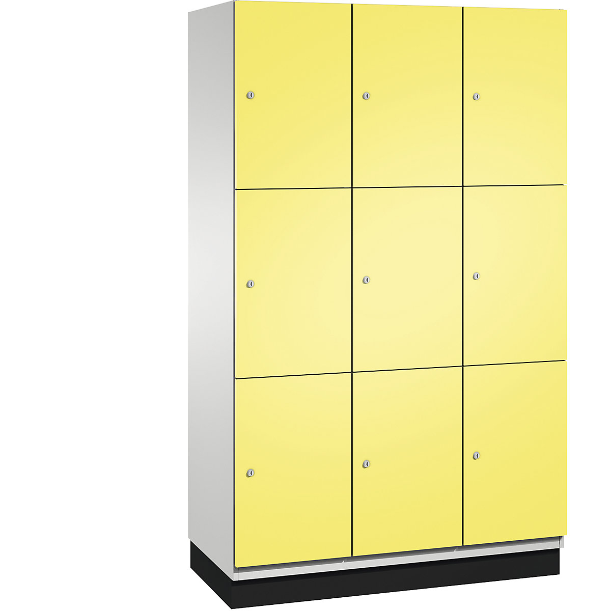 C+P – Skříň s uzamykatelnými boxy CAMBIO s dveřmi z ocelového plechu, 9 boxů, šířka 1200 mm, korpus světlý šedý / dveře sírové žluté