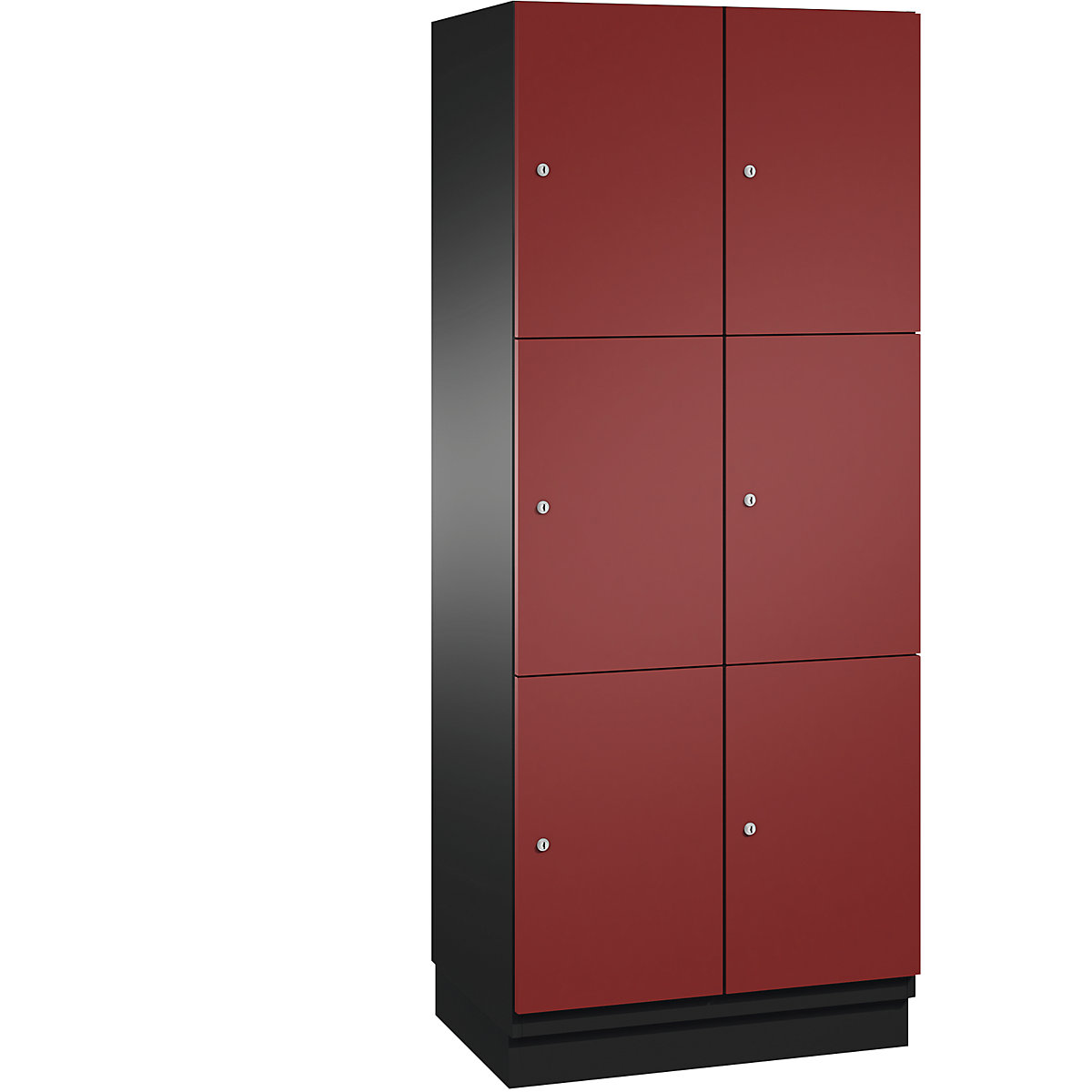 C+P – Skříň s uzamykatelnými boxy CAMBIO s dveřmi z ocelového plechu, 6 boxů, šířka 800 mm, korpus černošedý / dveře rubínové