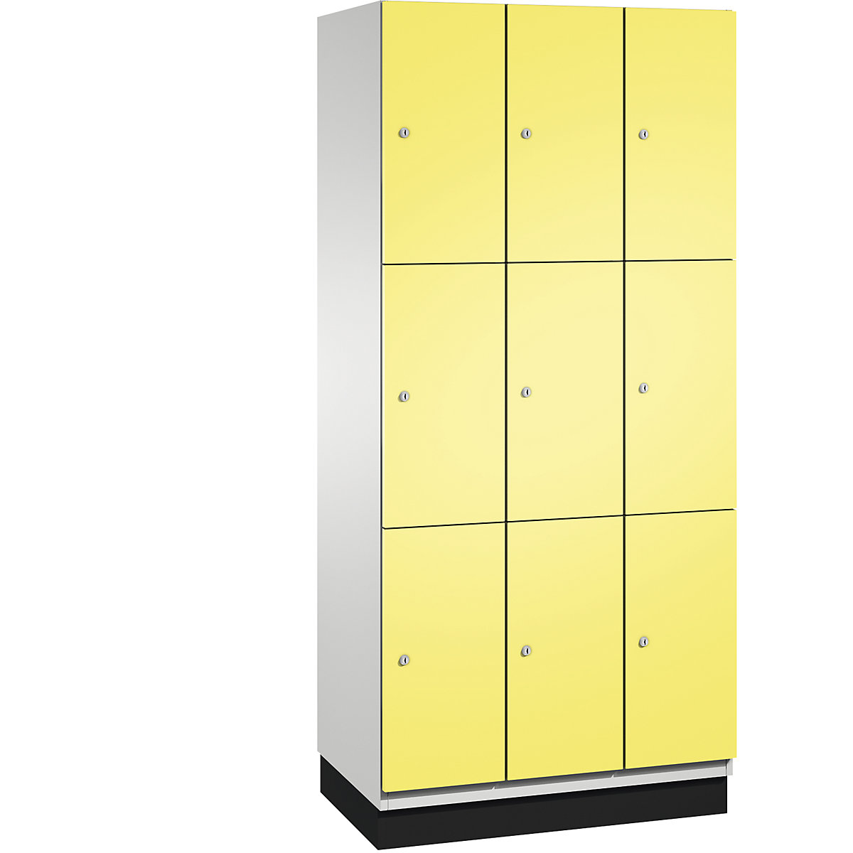 C+P – Skříň s uzamykatelnými boxy CAMBIO s dveřmi z ocelového plechu, 9 boxů, šířka 900 mm, korpus světlý šedý / dveře sírové žluté