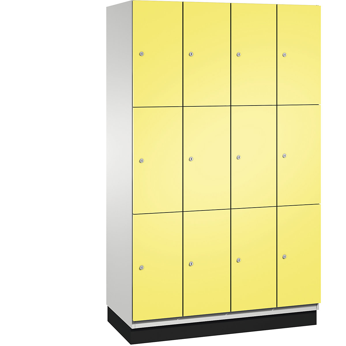 C+P – Skříň s uzamykatelnými boxy CAMBIO s dveřmi z ocelového plechu, 12 boxů, šířka 1200 mm, korpus světlý šedý / dveře sírové žluté, výška boxu 616,6 mm