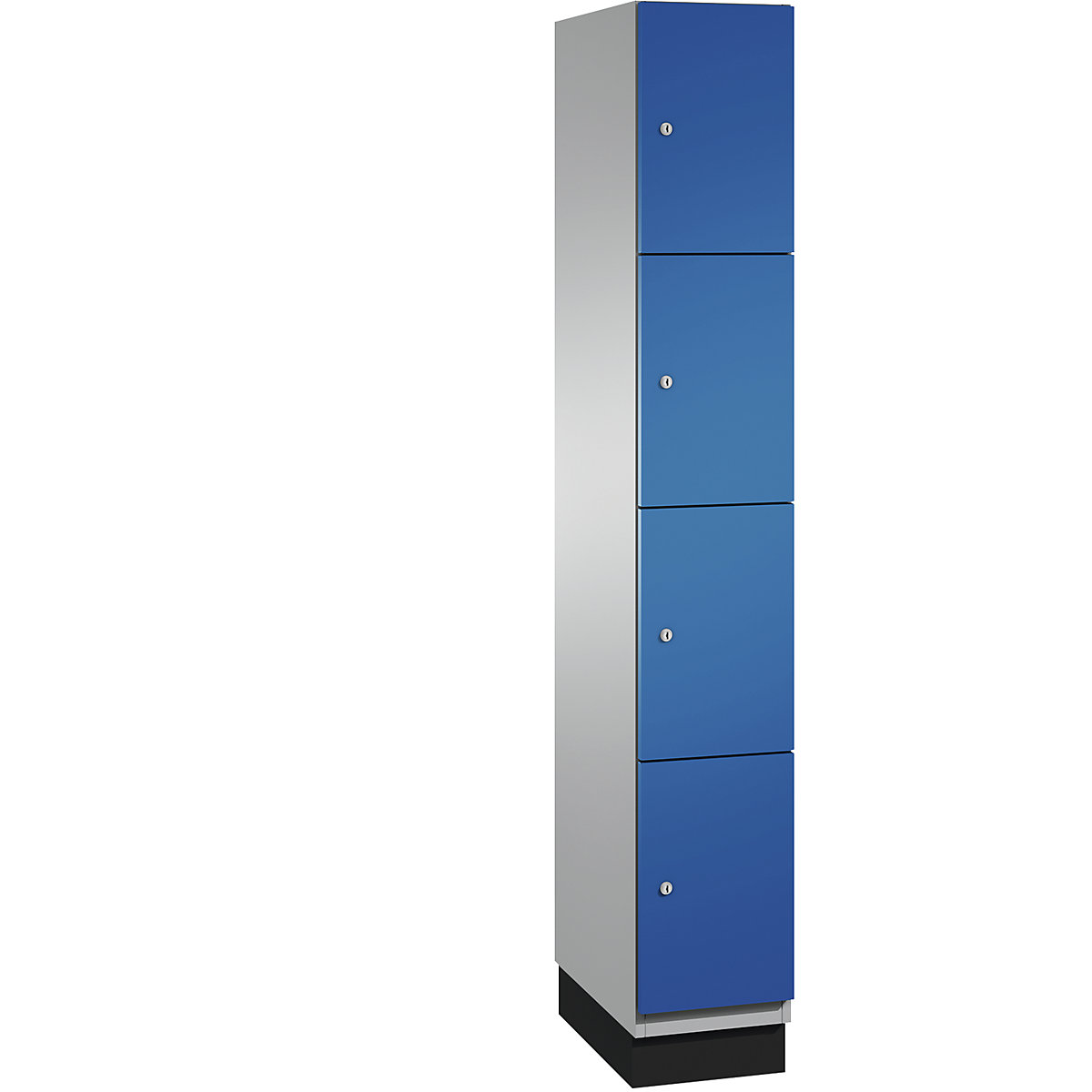 C+P – Skříň s uzamykatelnými boxy CAMBIO s dveřmi z ocelového plechu, 4 boxy, šířka 300 mm, korpus bílý hliník / dveře hořcově modré