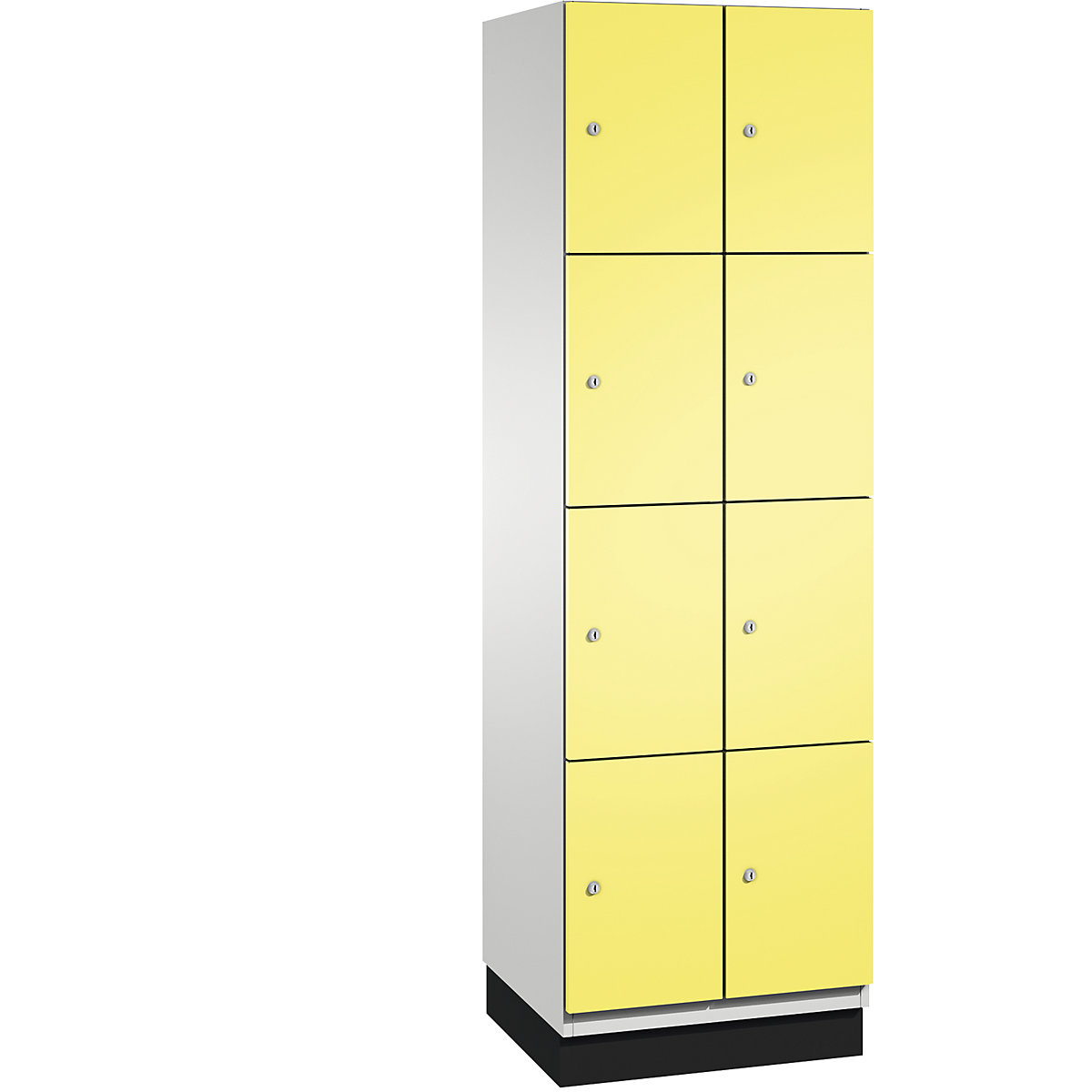 C+P – Skříň s uzamykatelnými boxy CAMBIO s dveřmi z ocelového plechu, 8 boxů, šířka 600 mm, korpus světlý šedý / dveře sírové žluté