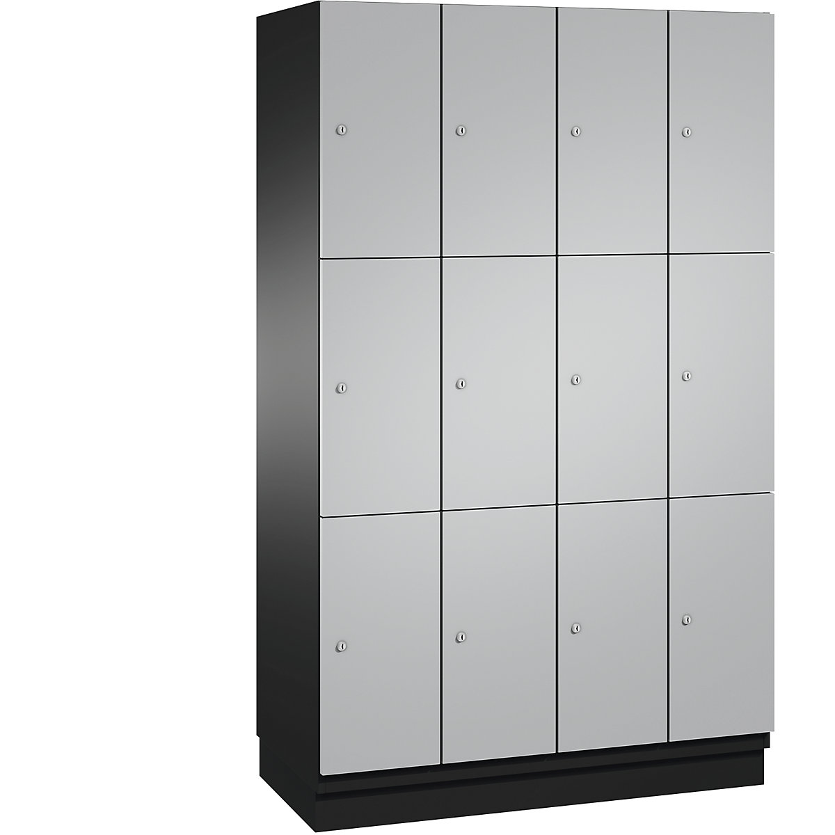 C+P – Skříň s uzamykatelnými boxy CAMBIO s dveřmi z ocelového plechu, 12 boxů, šířka 1200 mm, korpus černošedý / dveře bílý hliník, výška boxu 616,6 mm