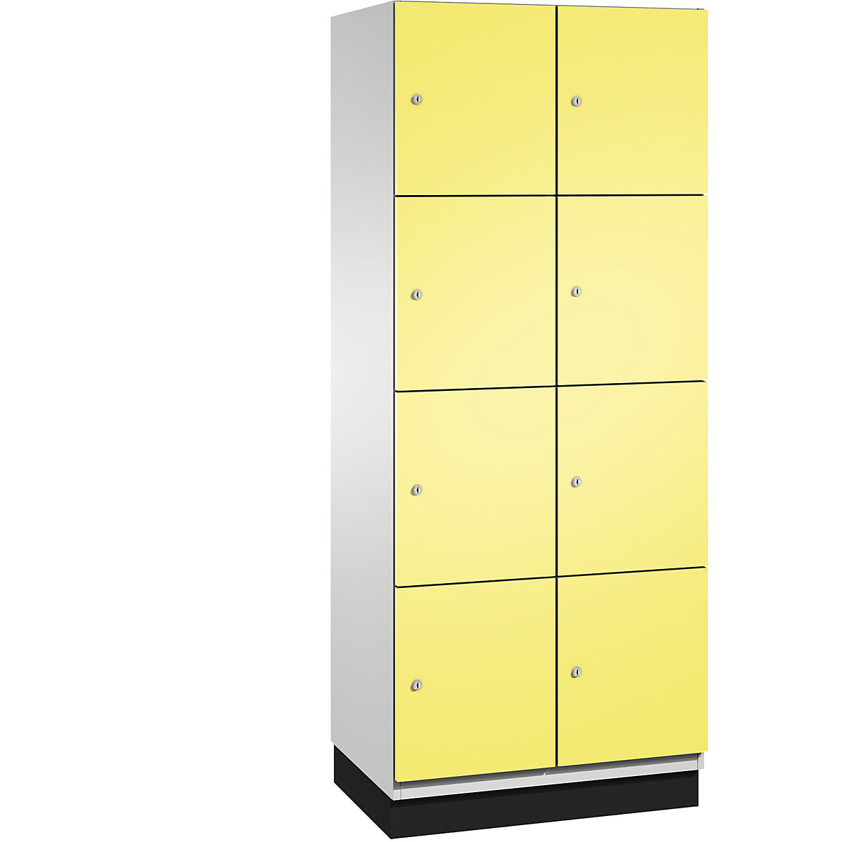 C+P – Skříň s uzamykatelnými boxy CAMBIO s dveřmi z ocelového plechu, 8 boxů, šířka 800 mm, korpus světlý šedý / dveře sírové žluté