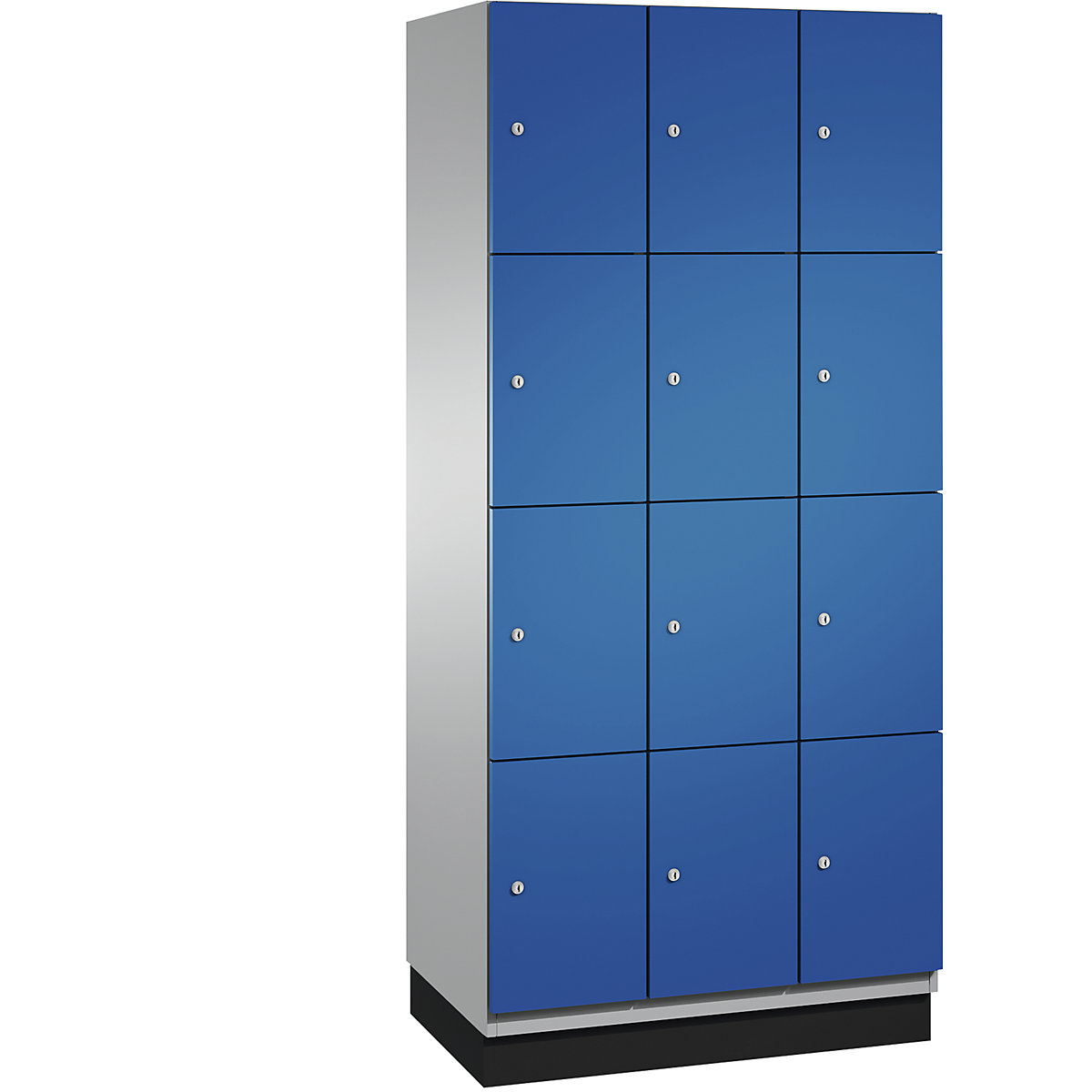C+P – Skříň s uzamykatelnými boxy CAMBIO s dveřmi z ocelového plechu, 12 boxů, šířka 900 mm, korpus bílý hliník / dveře hořcově modré
