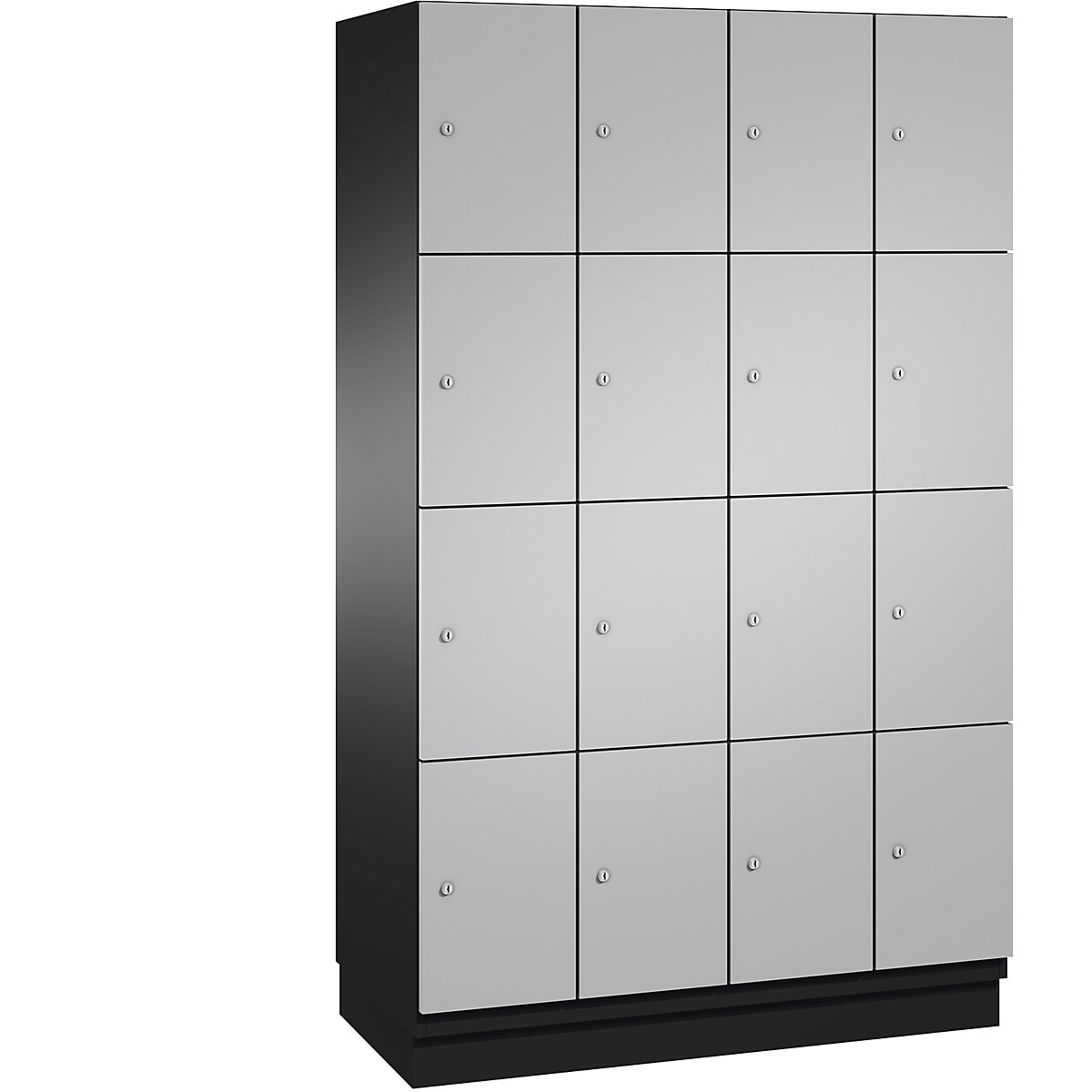 C+P – Skříň s uzamykatelnými boxy CAMBIO s dveřmi z ocelového plechu, 16 boxů, šířka 1200 mm, korpus černošedý / dveře bílý hliník
