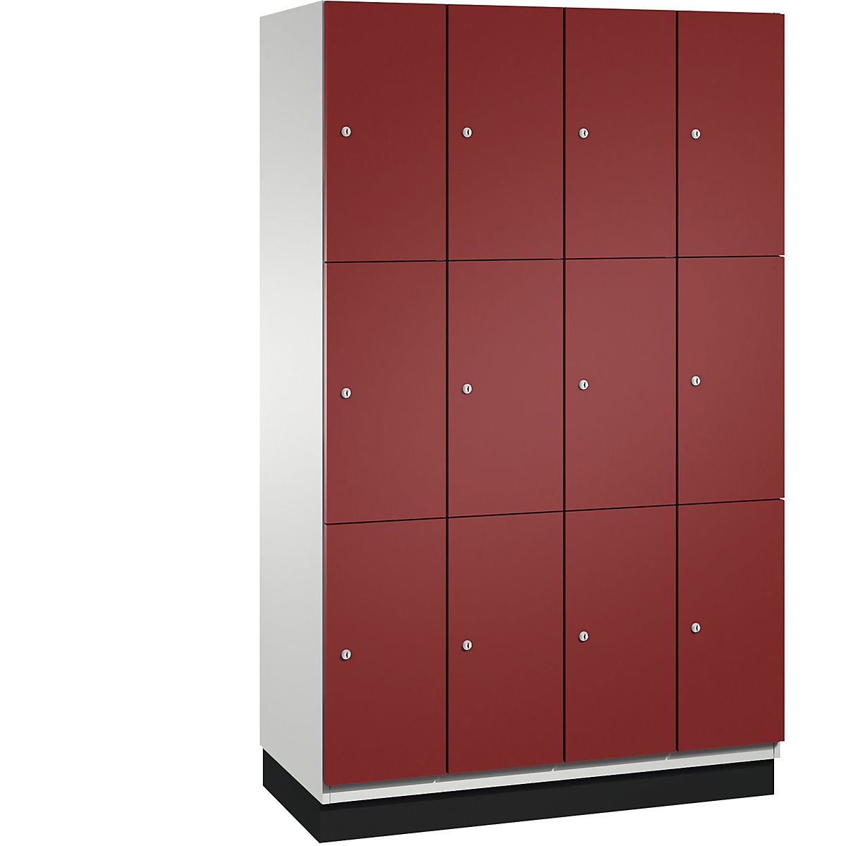 C+P – Skříň s uzamykatelnými boxy CAMBIO s dveřmi z ocelového plechu, 12 boxů, šířka 1200 mm, korpus světlý šedý / dveře rubínové, výška boxu 616,6 mm