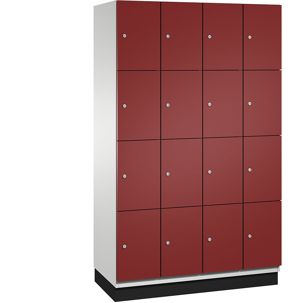 C+P – Skříň s uzamykatelnými boxy CAMBIO s dveřmi z ocelového plechu, 16 boxů, šířka 1200 mm, korpus světlý šedý / dveře rubínové