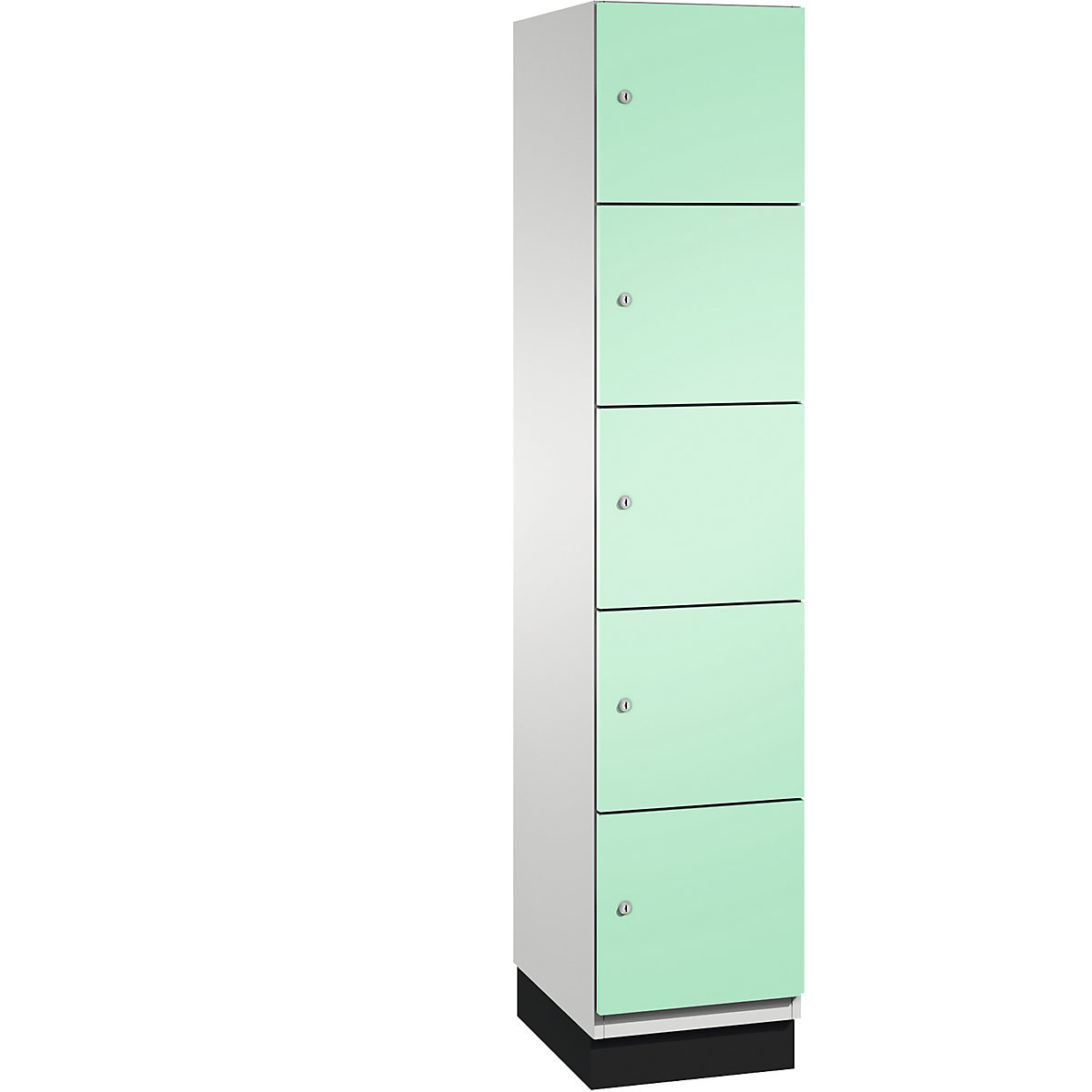 C+P – Skříň s uzamykatelnými boxy CAMBIO s dveřmi z ocelového plechu, 5 boxů, šířka 400 mm, korpus světlý šedý / dveře světlé zelené
