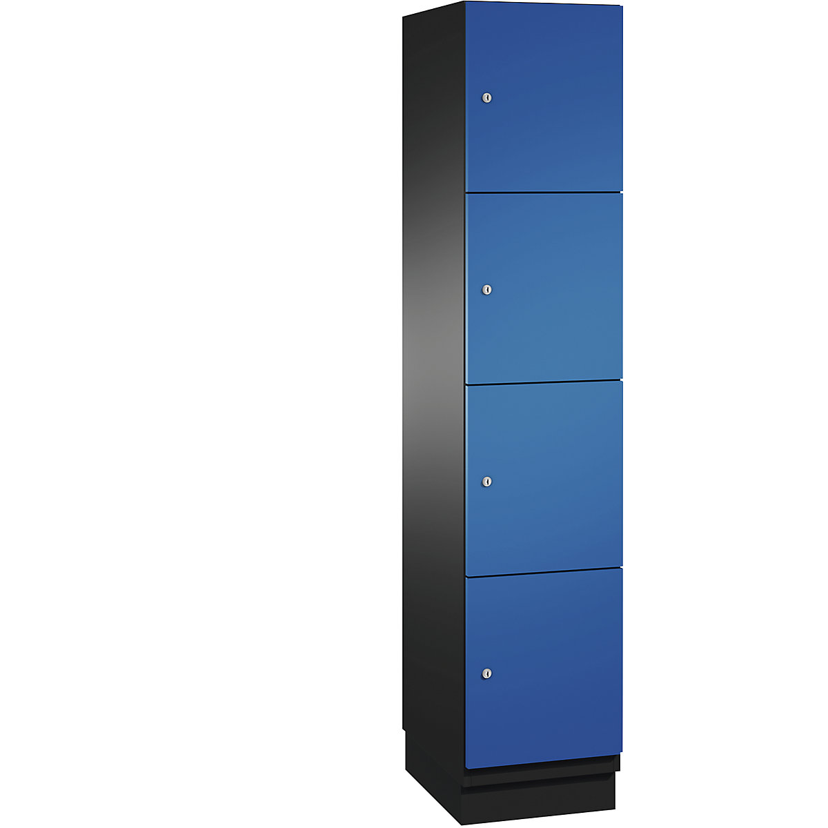 C+P – Skříň s uzamykatelnými boxy CAMBIO s dveřmi z ocelového plechu, 4 boxy, šířka 400 mm, korpus černošedý / dveře hořcově modré