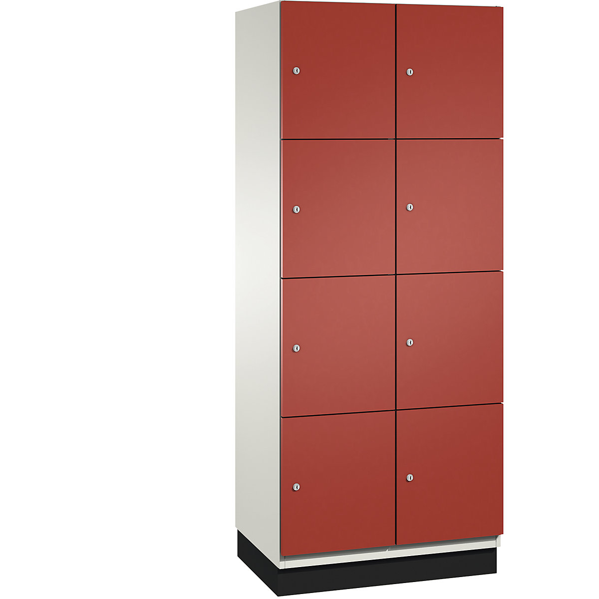 C+P – Skříň s uzamykatelnými boxy CAMBIO s dveřmi z ocelového plechu, 8 boxů, šířka 800 mm, korpus čistý bílý / dveře ohnivě červené