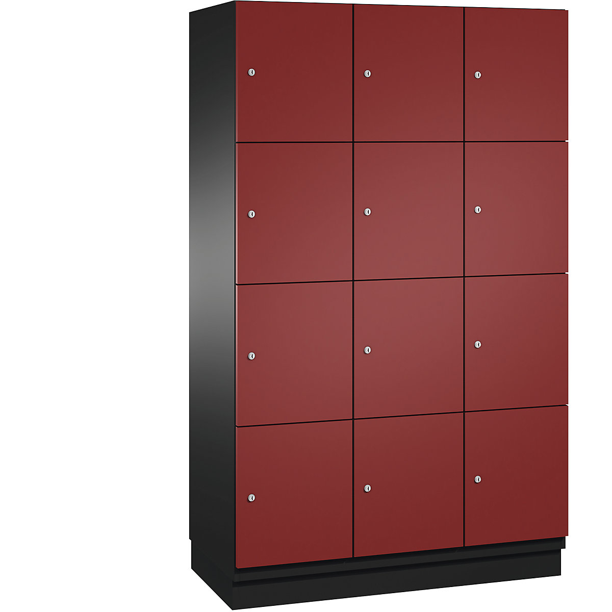 C+P – Skříň s uzamykatelnými boxy CAMBIO s dveřmi z ocelového plechu, 12 boxů, šířka 1200 mm, korpus černošedý / dveře rubínové, výška boxu 462,5 mm