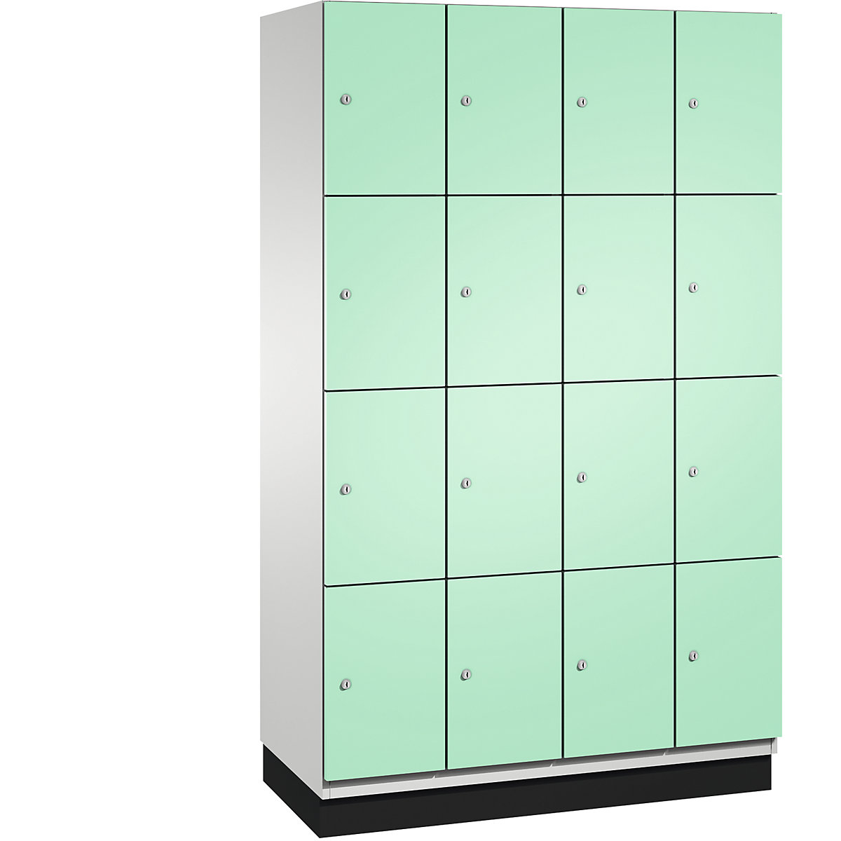 C+P – Skříň s uzamykatelnými boxy CAMBIO s dveřmi z ocelového plechu, 16 boxů, šířka 1200 mm, korpus světlý šedý / dveře světlé zelené