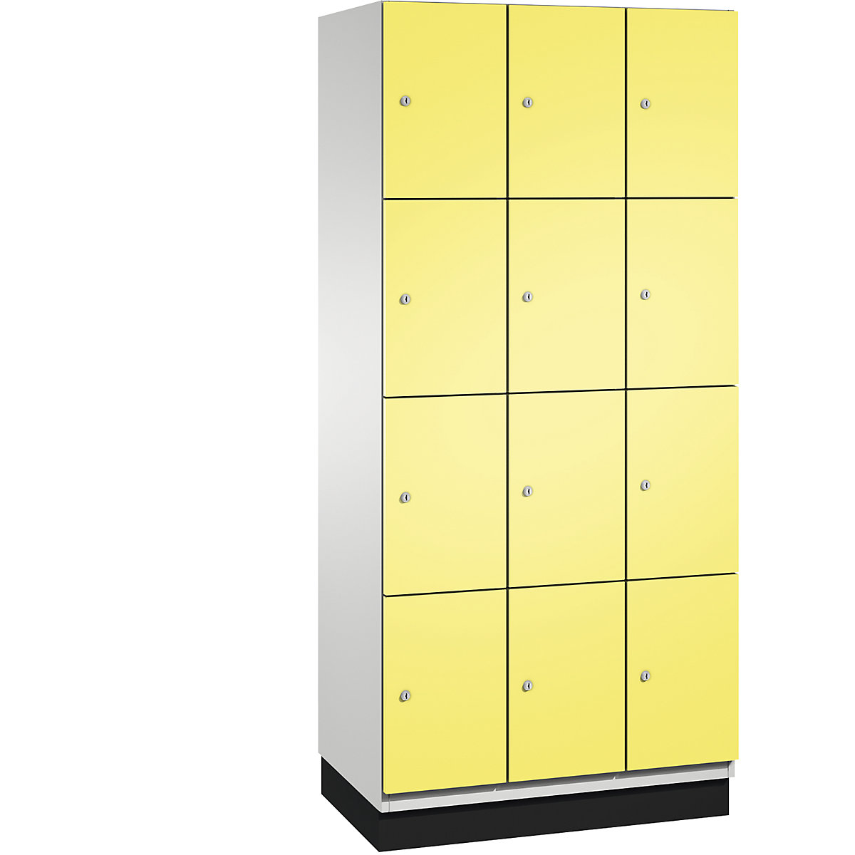 C+P – Skříň s uzamykatelnými boxy CAMBIO s dveřmi z ocelového plechu, 12 boxů, šířka 900 mm, korpus světlý šedý / dveře sírové žluté
