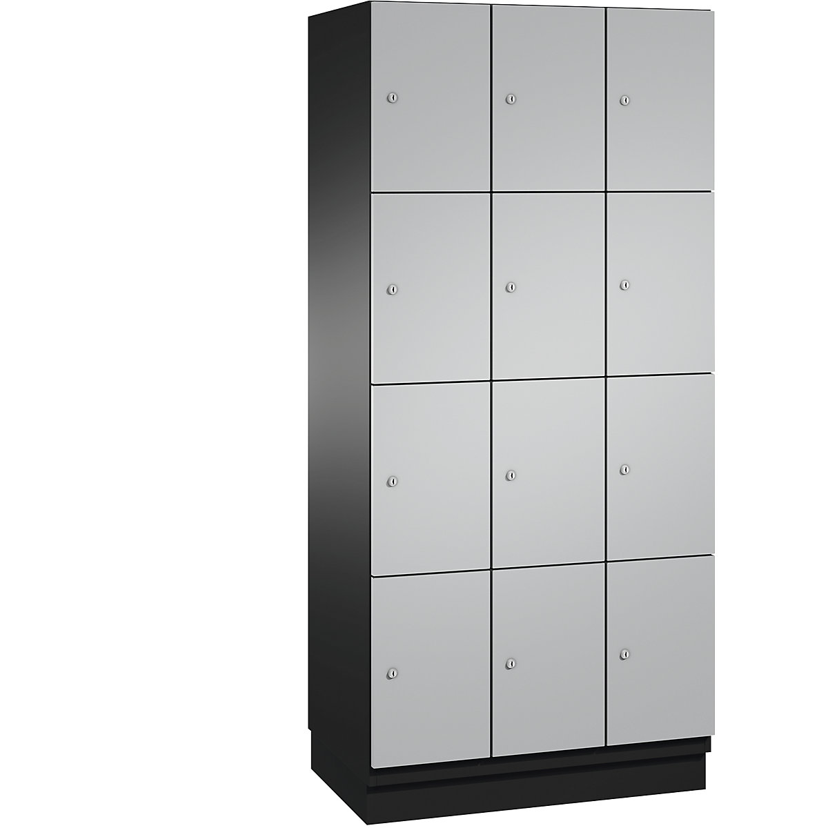 C+P – Skříň s uzamykatelnými boxy CAMBIO s dveřmi z ocelového plechu, 12 boxů, šířka 900 mm, korpus černošedý / dveře bílý hliník