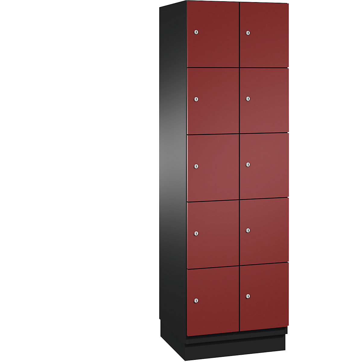 C+P – Skříň s uzamykatelnými boxy CAMBIO s dveřmi z ocelového plechu, 10 boxů, šířka 600 mm, korpus černošedý / dveře rubínové