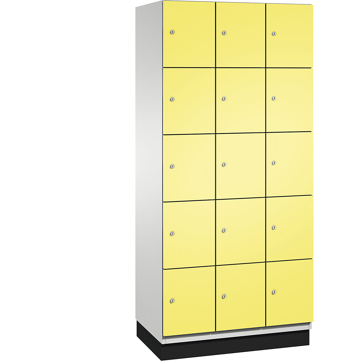 C+P – Skříň s uzamykatelnými boxy CAMBIO s dveřmi z ocelového plechu, 15 boxů, šířka 900 mm, korpus světlý šedý / dveře sírové žluté