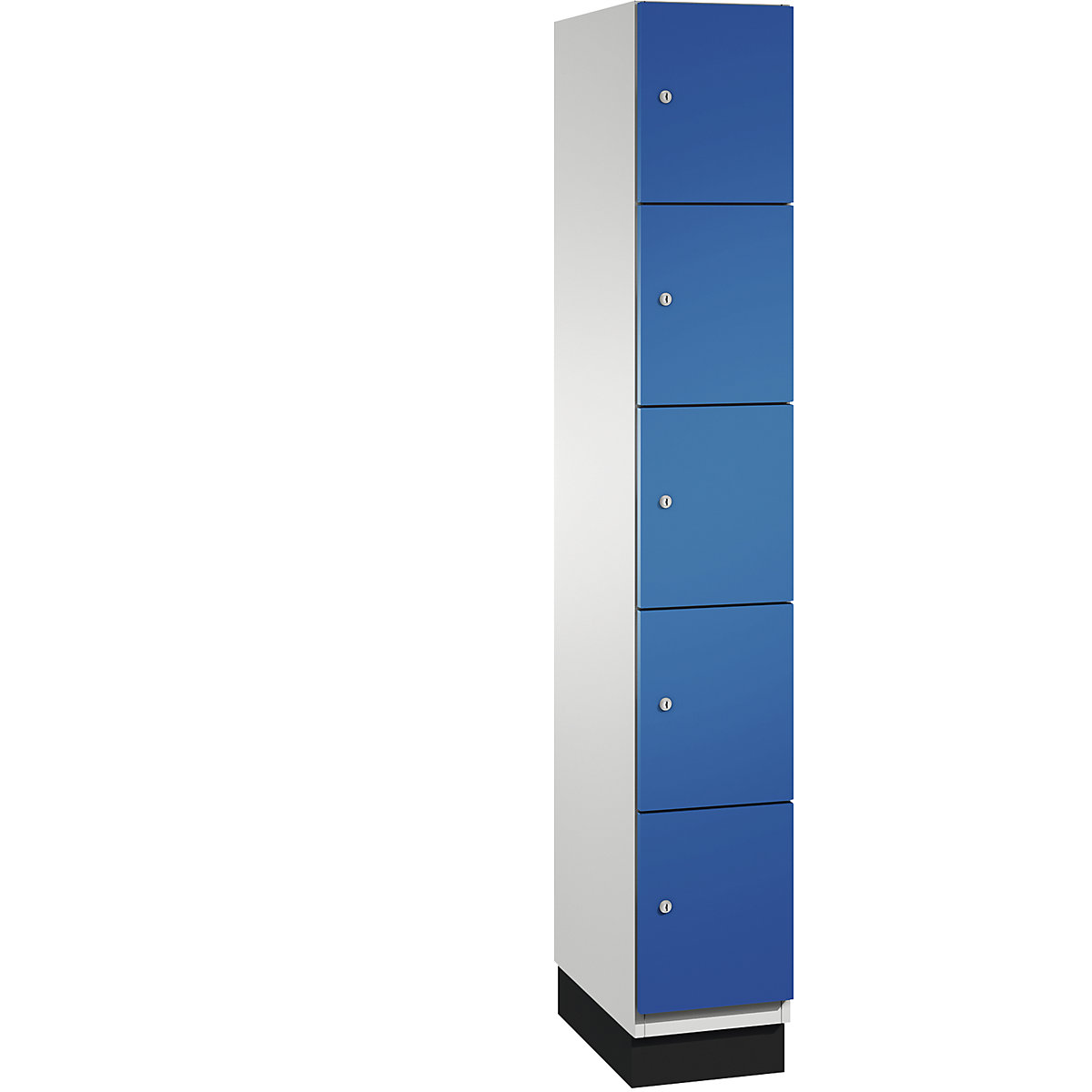 C+P – Skříň s uzamykatelnými boxy CAMBIO s dveřmi z ocelového plechu, 5 boxů, šířka 300 mm, korpus světlý šedý / dveře hořcově modré