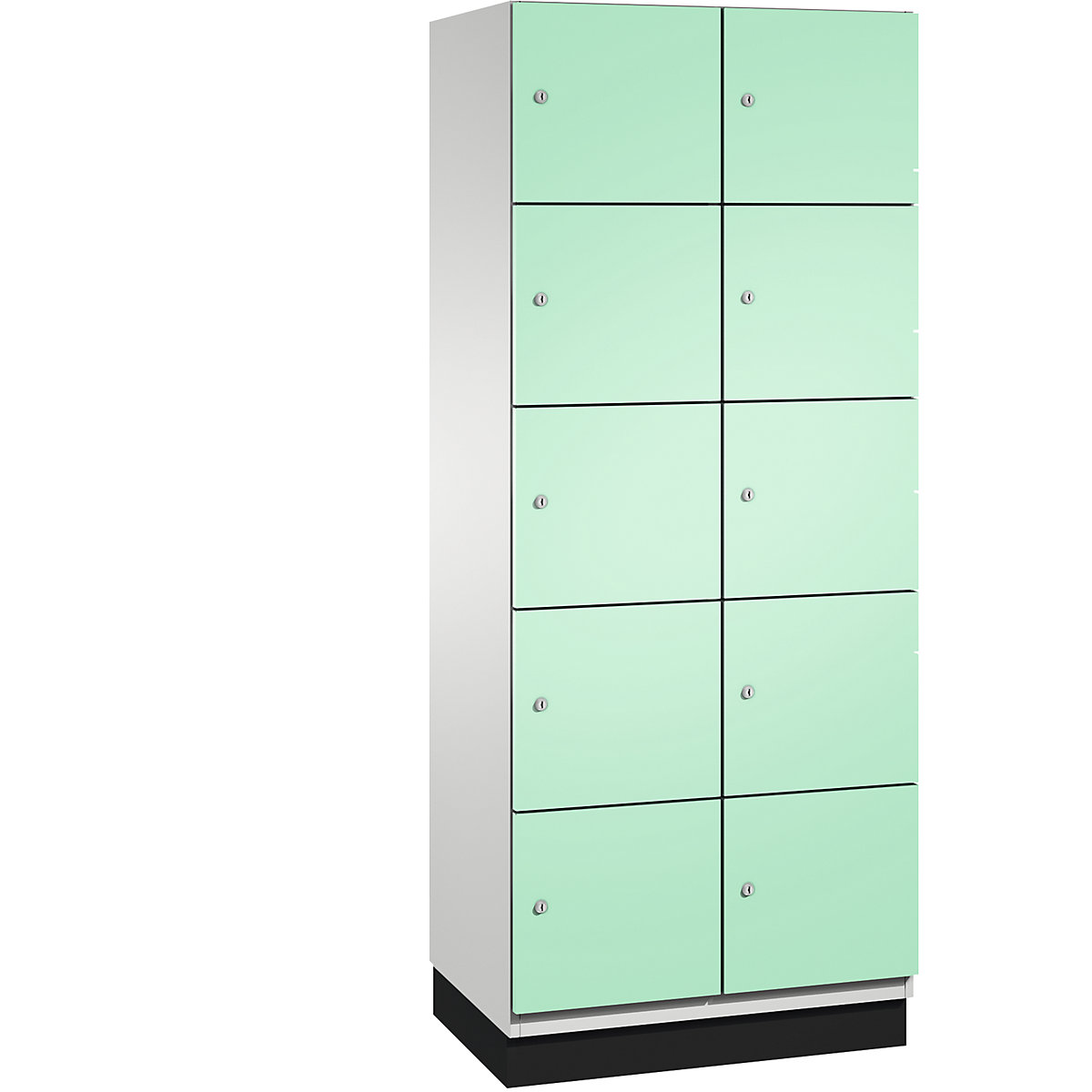 C+P – Skříň s uzamykatelnými boxy CAMBIO s dveřmi z ocelového plechu, 10 boxů, šířka 800 mm, korpus světlý šedý / dveře světlé zelené