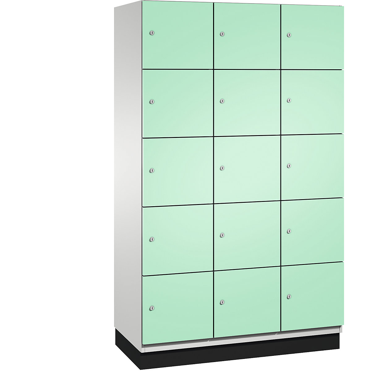 C+P – Skříň s uzamykatelnými boxy CAMBIO s dveřmi z ocelového plechu, 15 boxů, šířka 1200 mm, korpus světlý šedý / dveře světlé zelené