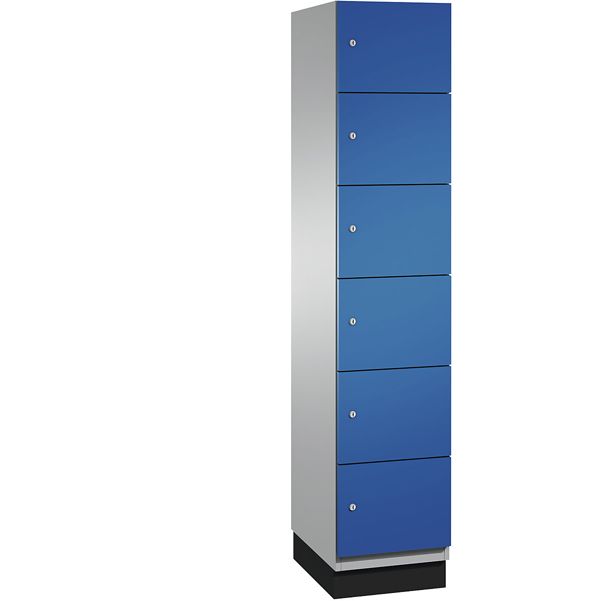 C+P – Skříň s uzamykatelnými boxy CAMBIO s dveřmi z ocelového plechu, 6 boxů, šířka 400 mm, korpus bílý hliník / dveře hořcově modré