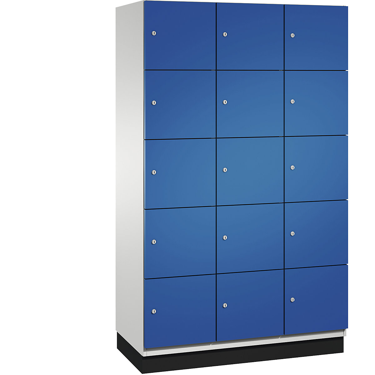 C+P – Skříň s uzamykatelnými boxy CAMBIO s dveřmi z ocelového plechu, 15 boxů, šířka 1200 mm, korpus světlý šedý / dveře hořcově modré