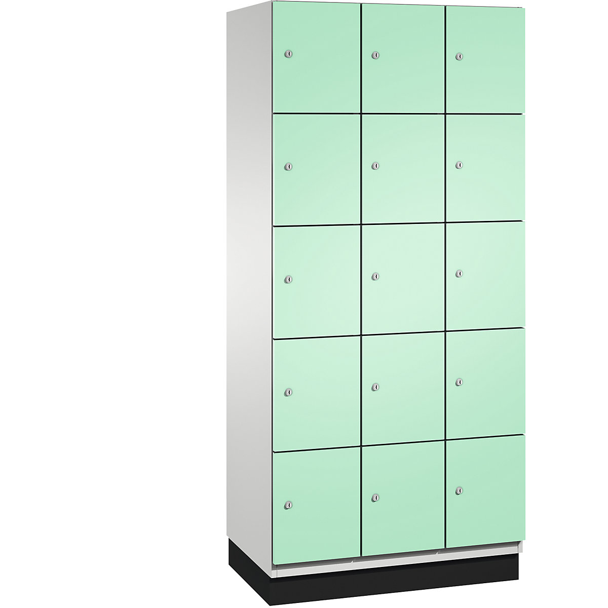 C+P – Skříň s uzamykatelnými boxy CAMBIO s dveřmi z ocelového plechu, 15 boxů, šířka 900 mm, korpus světlý šedý / dveře světlé zelené