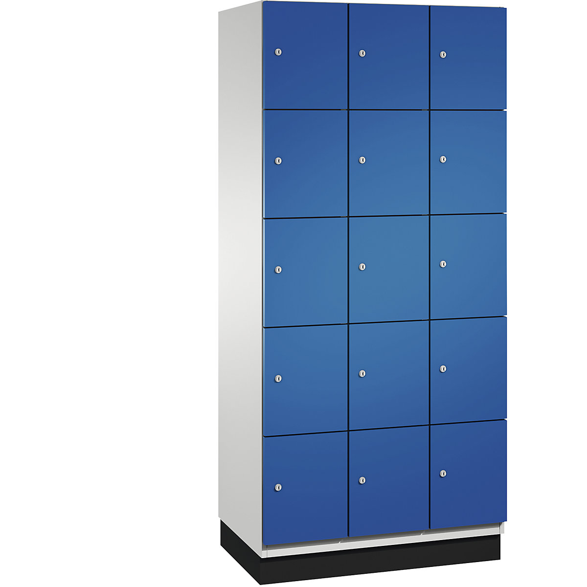 C+P – Skříň s uzamykatelnými boxy CAMBIO s dveřmi z ocelového plechu, 15 boxů, šířka 900 mm, korpus světlý šedý / dveře hořcově modré