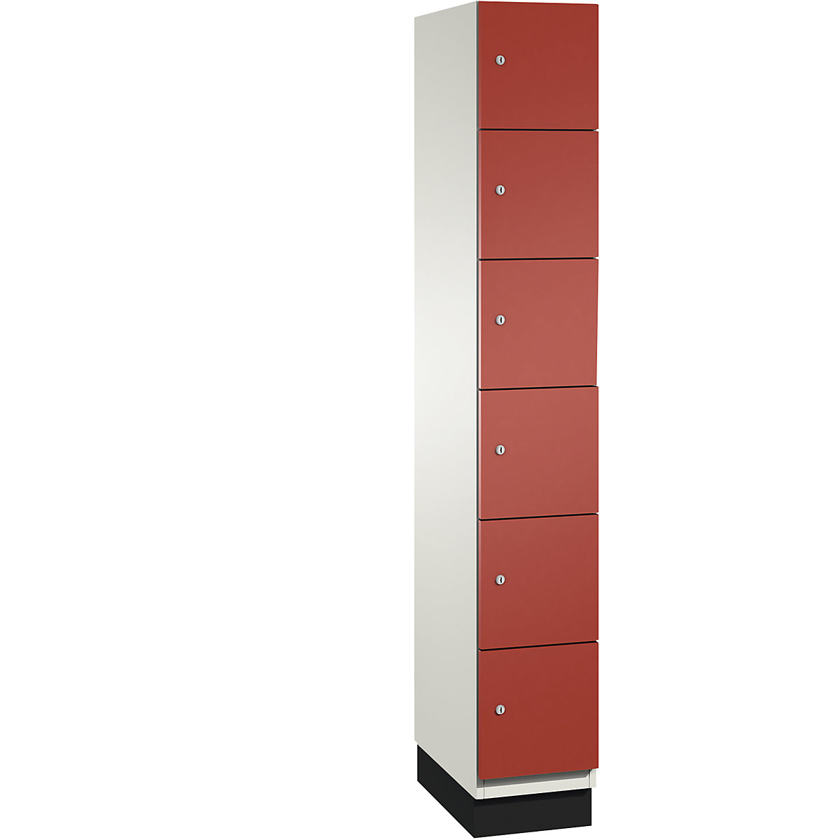 C+P – Skříň s uzamykatelnými boxy CAMBIO s dveřmi z ocelového plechu, 6 boxů, šířka 300 mm, korpus čistý bílý / dveře ohnivě červené