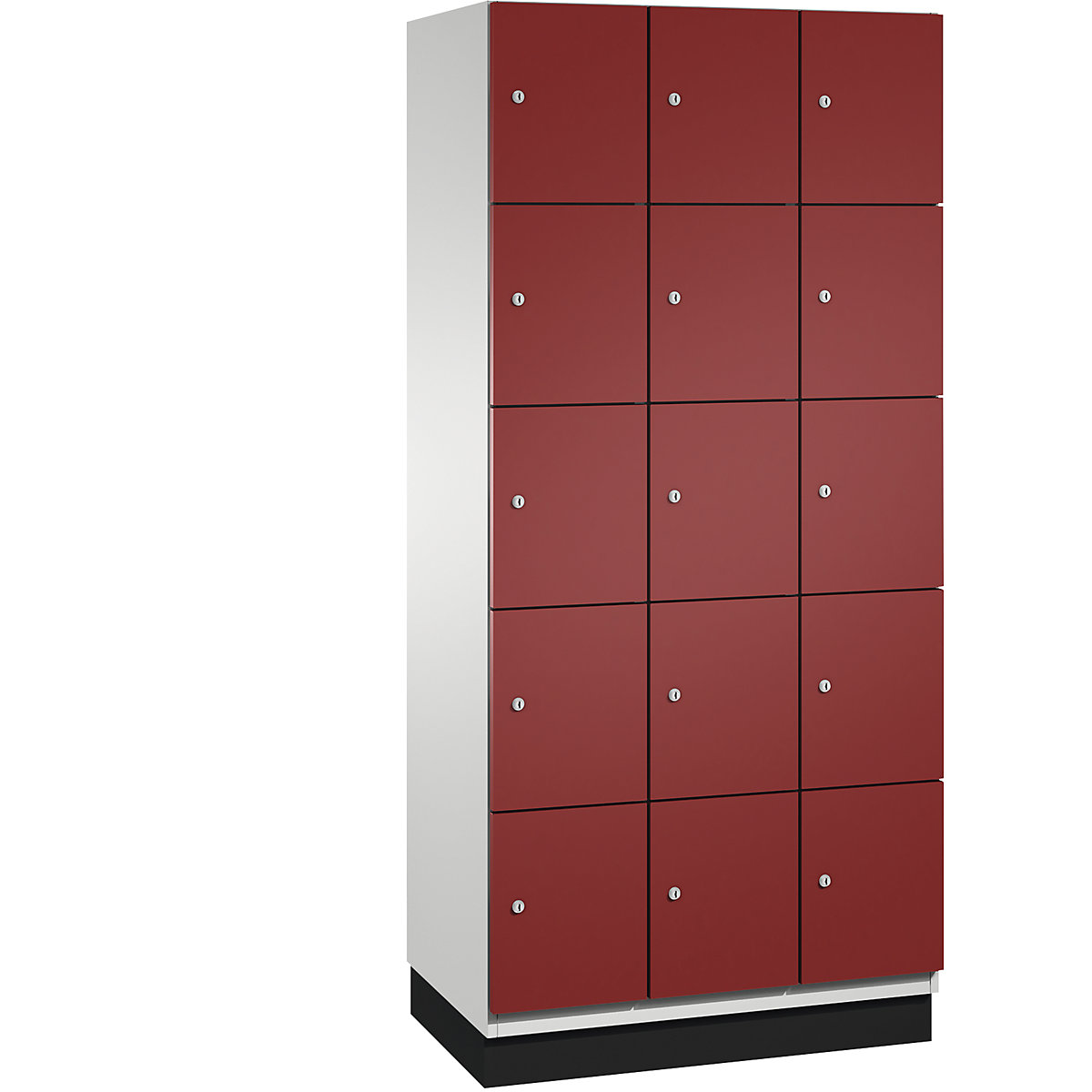 C+P – Skříň s uzamykatelnými boxy CAMBIO s dveřmi z ocelového plechu, 15 boxů, šířka 900 mm, korpus světlý šedý / dveře rubínové