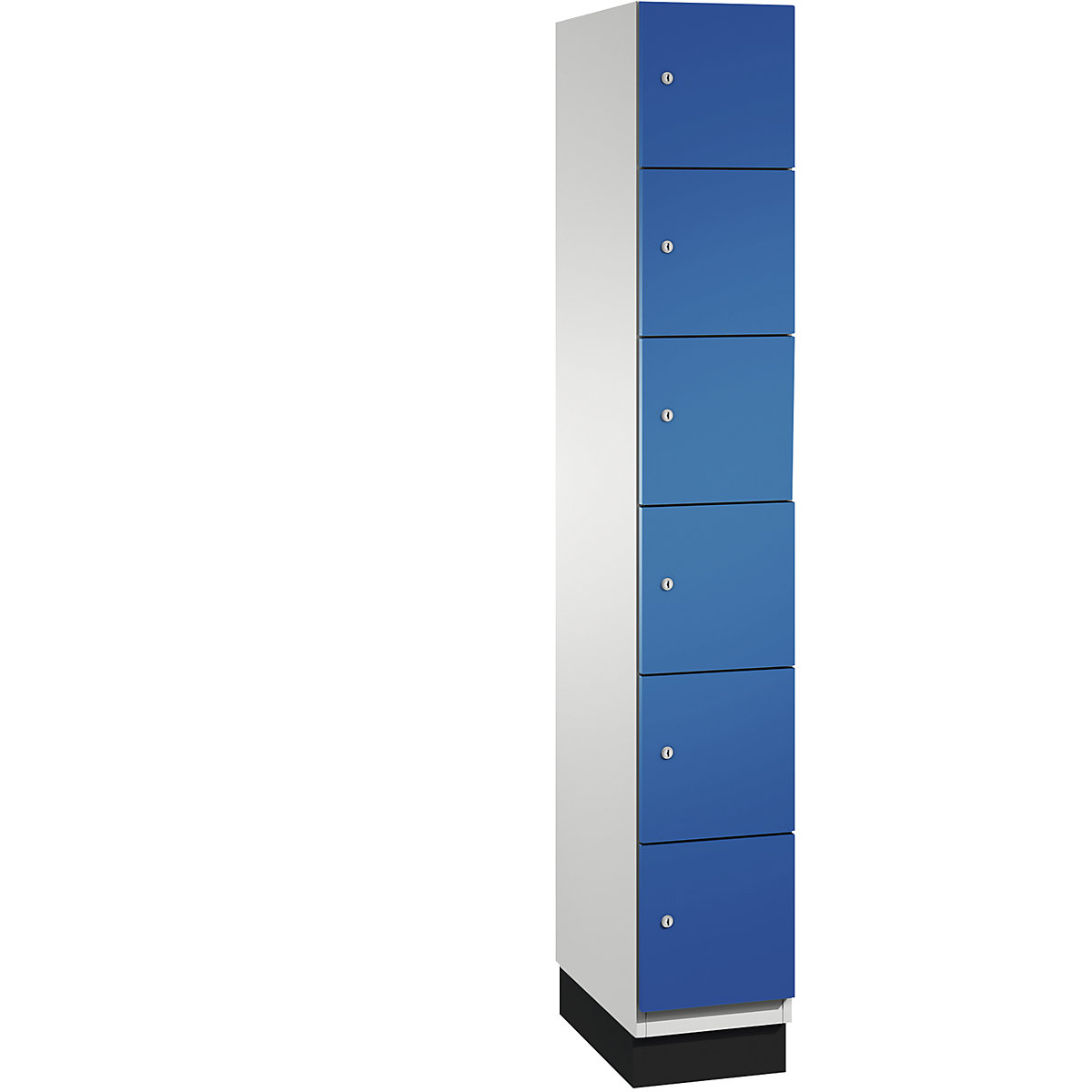 C+P – Skříň s uzamykatelnými boxy CAMBIO s dveřmi z ocelového plechu, 6 boxů, šířka 300 mm, korpus světlý šedý / dveře hořcově modré