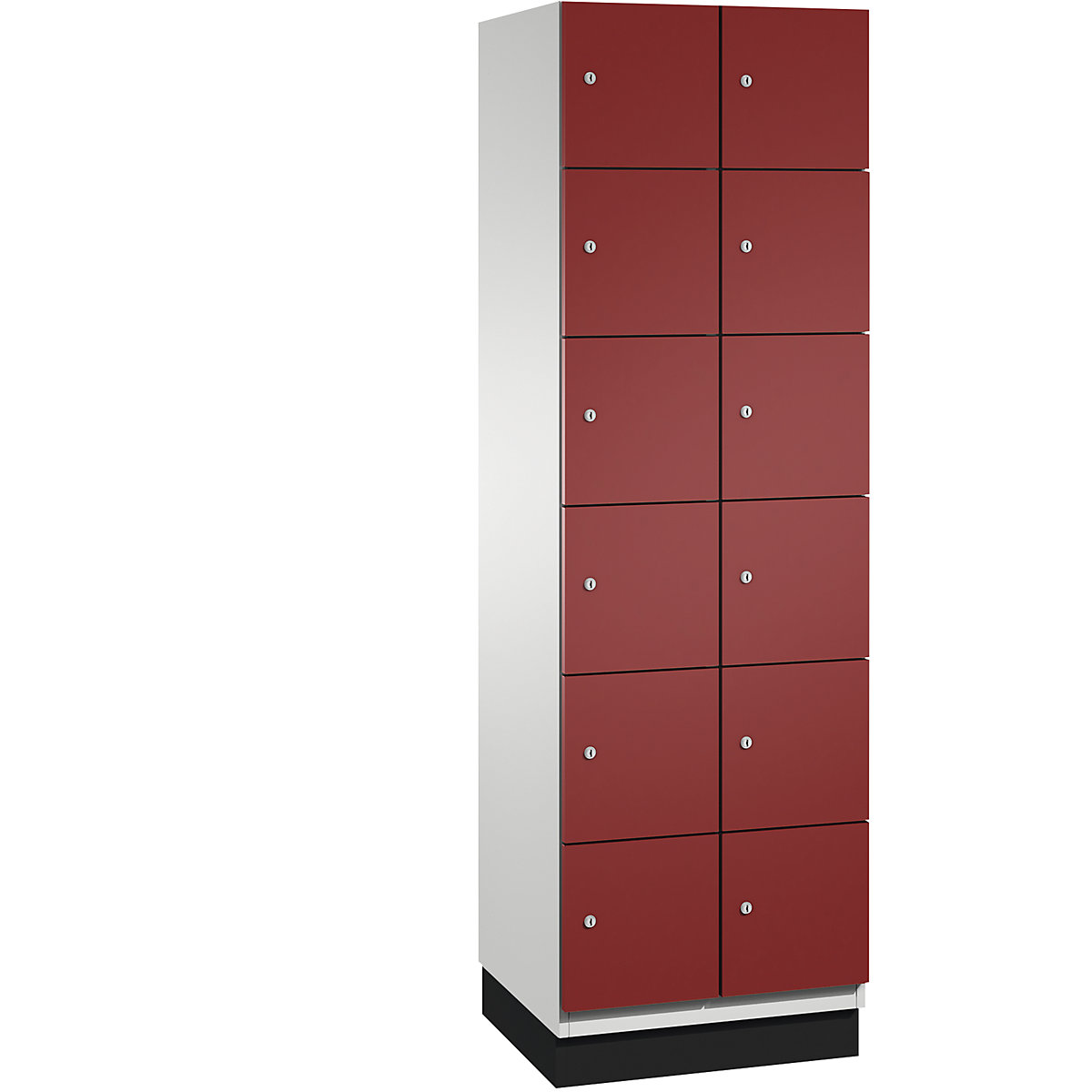 C+P – Skříň s uzamykatelnými boxy CAMBIO s dveřmi z ocelového plechu, 12 boxů, šířka 600 mm, korpus světlý šedý / dveře rubínové
