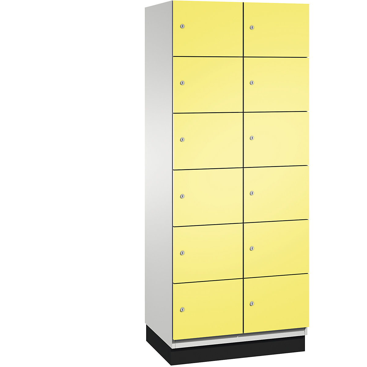 C+P – Skříň s uzamykatelnými boxy CAMBIO s dveřmi z ocelového plechu, 12 boxů, šířka 800 mm, korpus světlý šedý / dveře sírové žluté