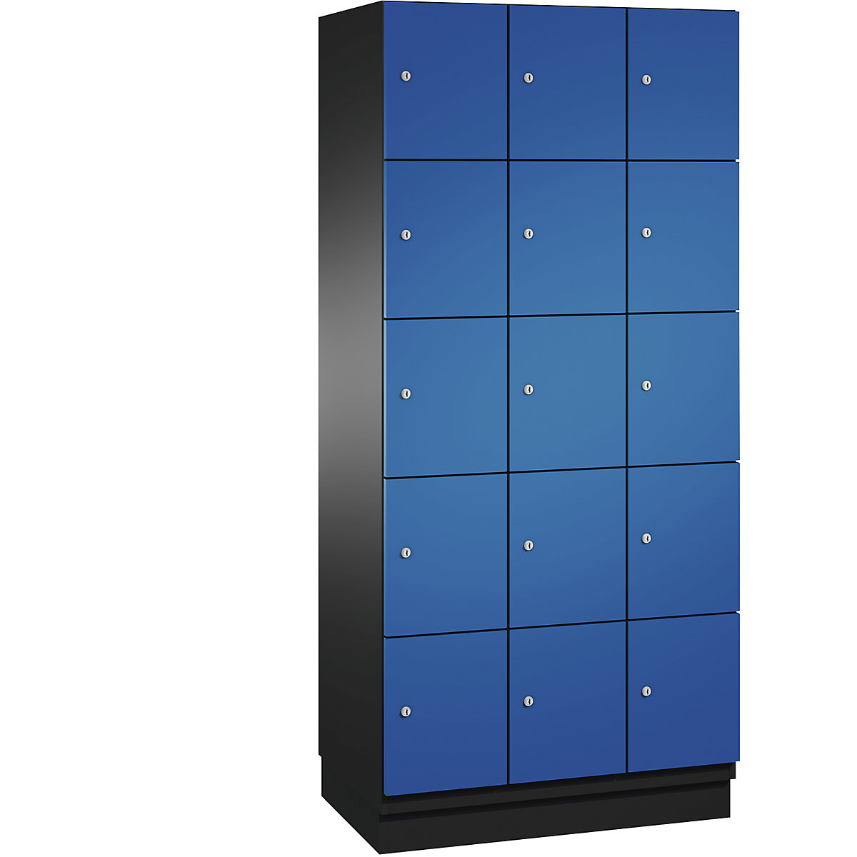 C+P – Skříň s uzamykatelnými boxy CAMBIO s dveřmi z ocelového plechu, 15 boxů, šířka 900 mm, korpus černošedý / dveře hořcově modré