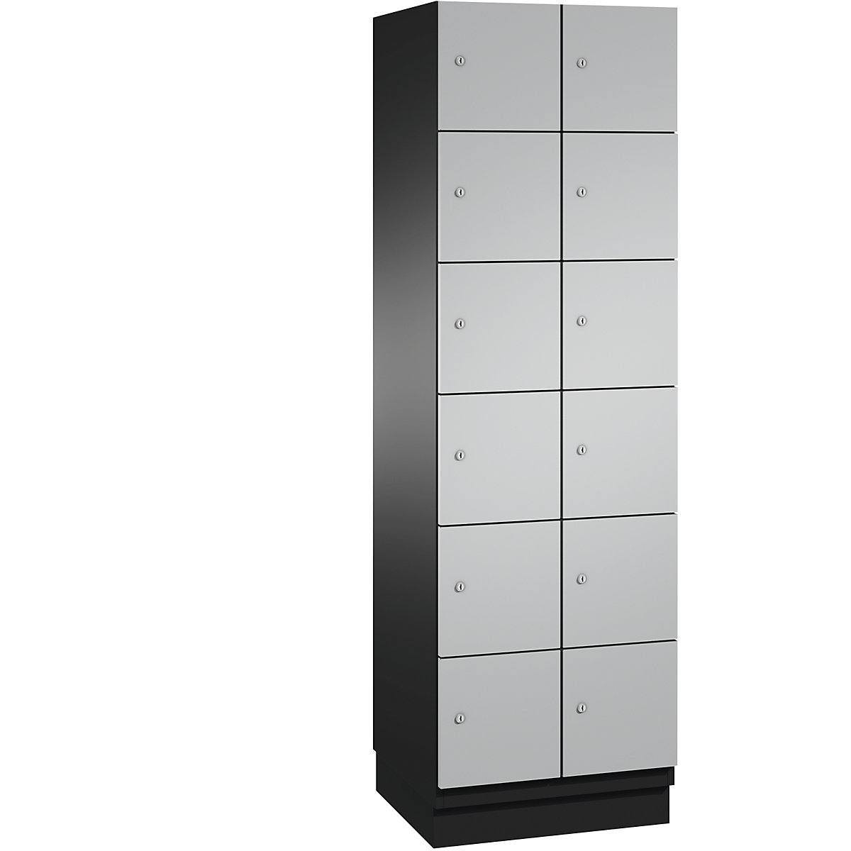 C+P – Skříň s uzamykatelnými boxy CAMBIO s dveřmi z ocelového plechu, 12 boxů, šířka 600 mm, korpus černošedý / dveře bílý hliník