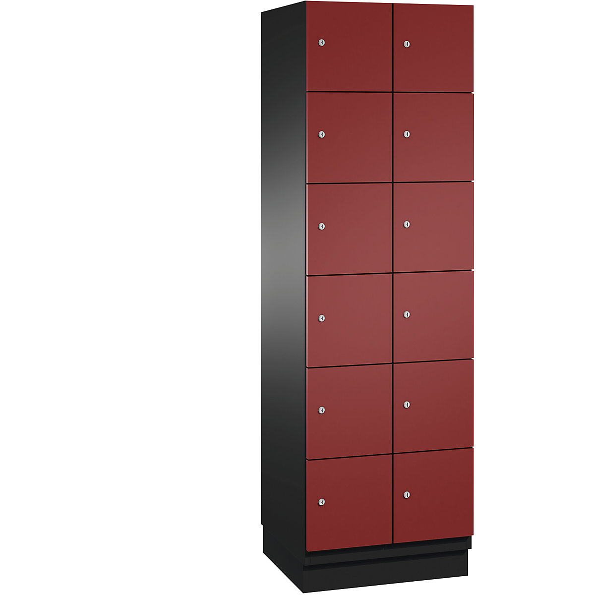 C+P – Skříň s uzamykatelnými boxy CAMBIO s dveřmi z ocelového plechu, 12 boxů, šířka 600 mm, korpus černošedý / dveře rubínové