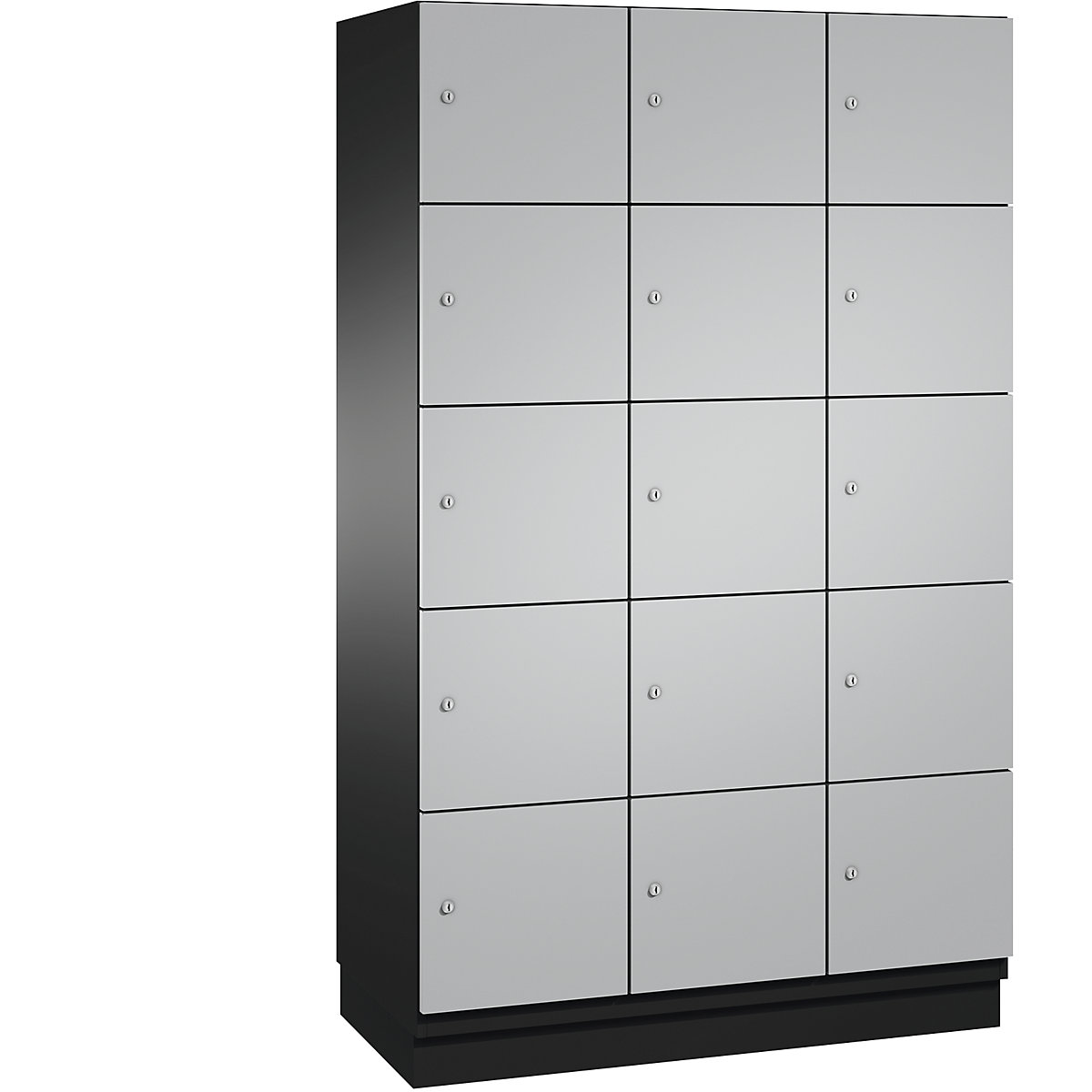 C+P – Skříň s uzamykatelnými boxy CAMBIO s dveřmi z ocelového plechu, 15 boxů, šířka 1200 mm, korpus černošedý / dveře bílý hliník