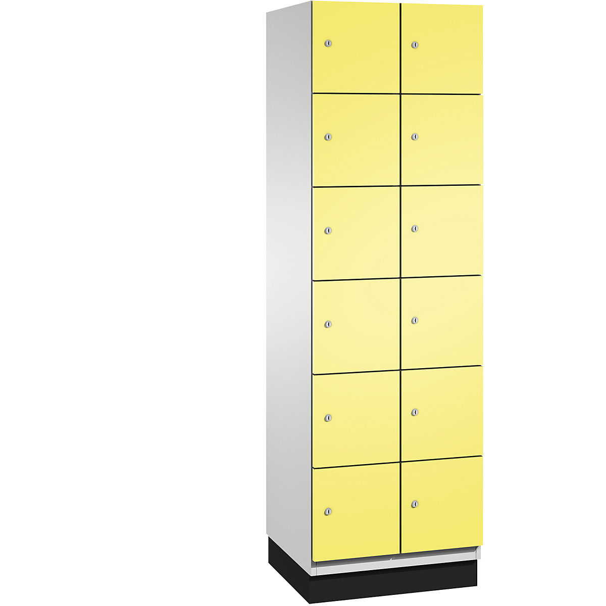 C+P – Skříň s uzamykatelnými boxy CAMBIO s dveřmi z ocelového plechu, 12 boxů, šířka 600 mm, korpus světlý šedý / dveře sírové žluté