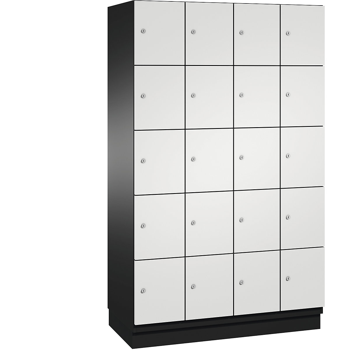 C+P – Skříň s uzamykatelnými boxy CAMBIO s dveřmi z ocelového plechu, 20 boxů, šířka 1200 mm, korpus černošedý / dveře světlé šedé