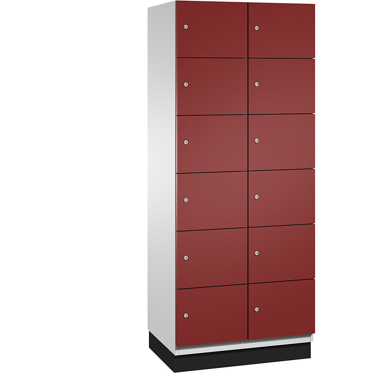 C+P – Skříň s uzamykatelnými boxy CAMBIO s dveřmi z ocelového plechu, 12 boxů, šířka 800 mm, korpus světlý šedý / dveře rubínové