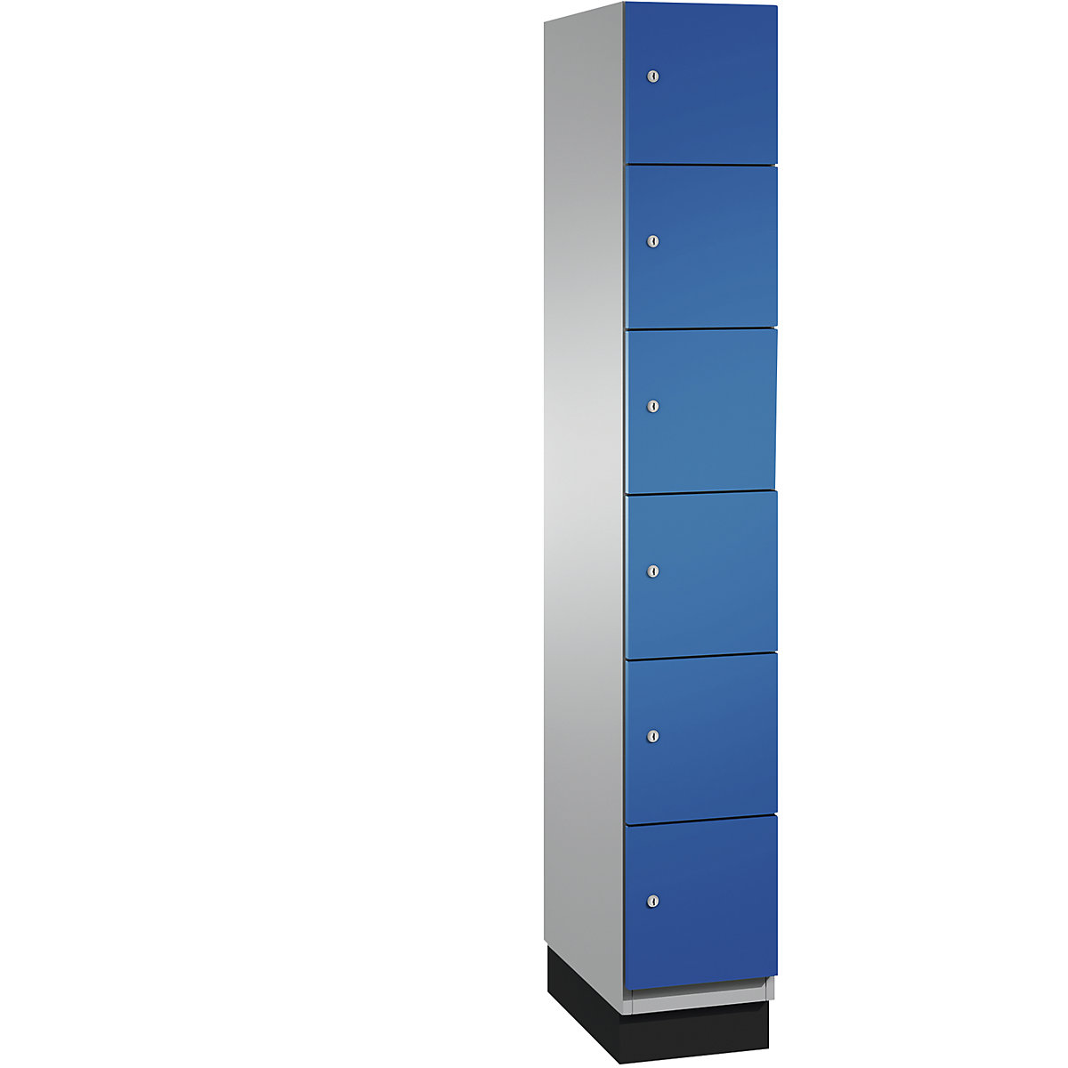 C+P – Skříň s uzamykatelnými boxy CAMBIO s dveřmi z ocelového plechu, 6 boxů, šířka 300 mm, korpus bílý hliník / dveře hořcově modré
