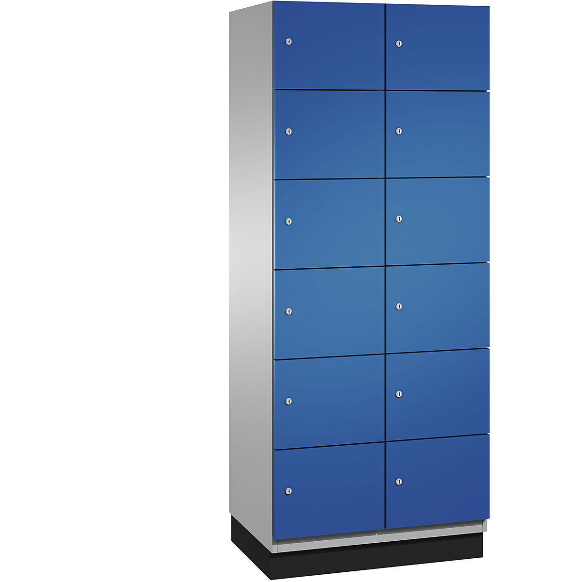 C+P – Skříň s uzamykatelnými boxy CAMBIO s dveřmi z ocelového plechu, 12 boxů, šířka 800 mm, korpus bílý hliník / dveře hořcově modré