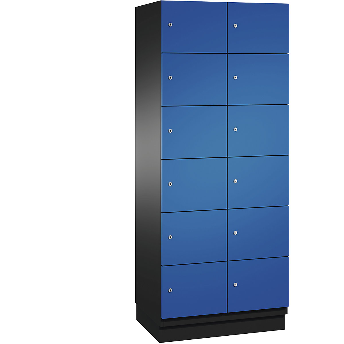 C+P – Skříň s uzamykatelnými boxy CAMBIO s dveřmi z ocelového plechu, 12 boxů, šířka 800 mm, korpus černošedý / dveře hořcově modré