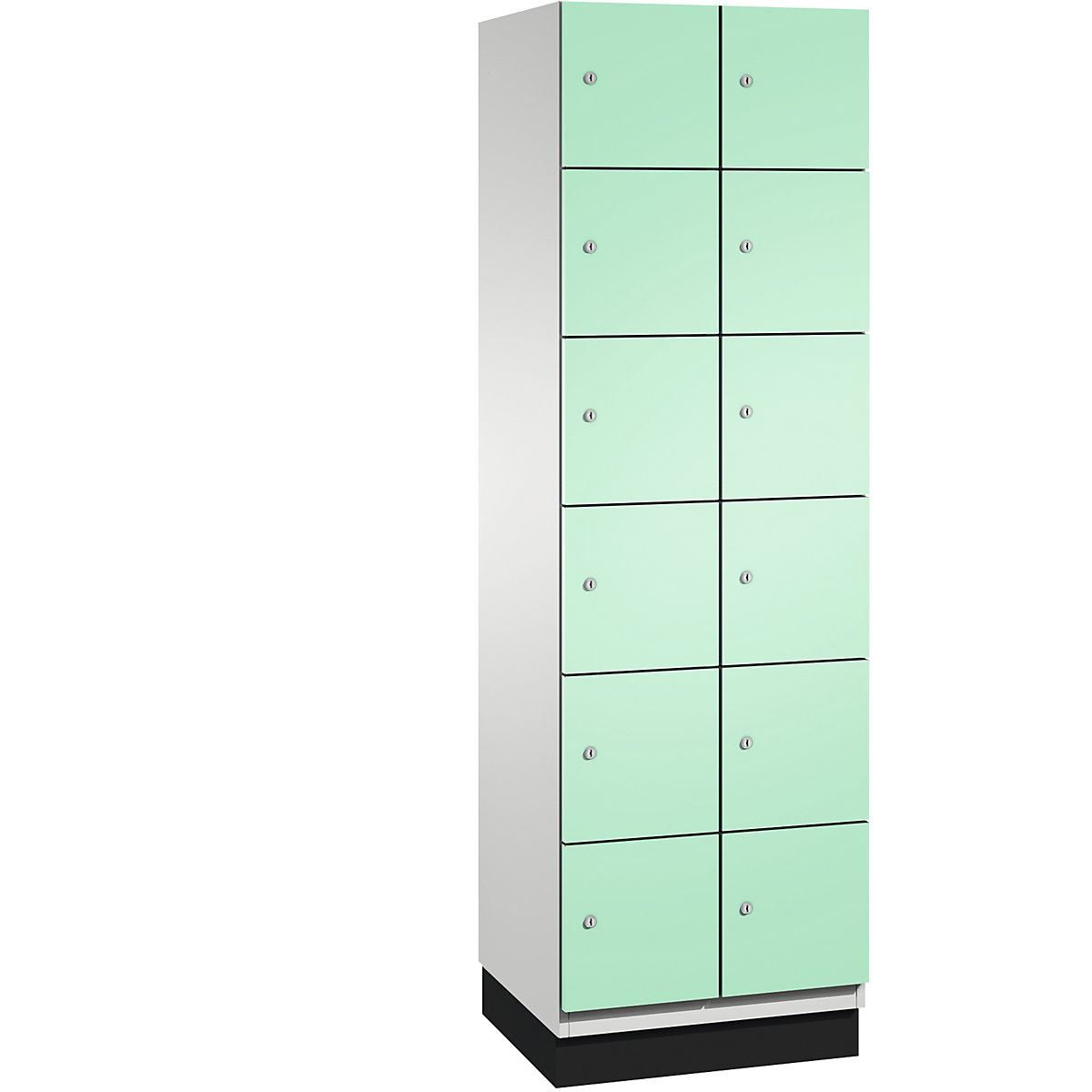 C+P – Skříň s uzamykatelnými boxy CAMBIO s dveřmi z ocelového plechu, 12 boxů, šířka 600 mm, korpus světlý šedý / dveře světlé zelené