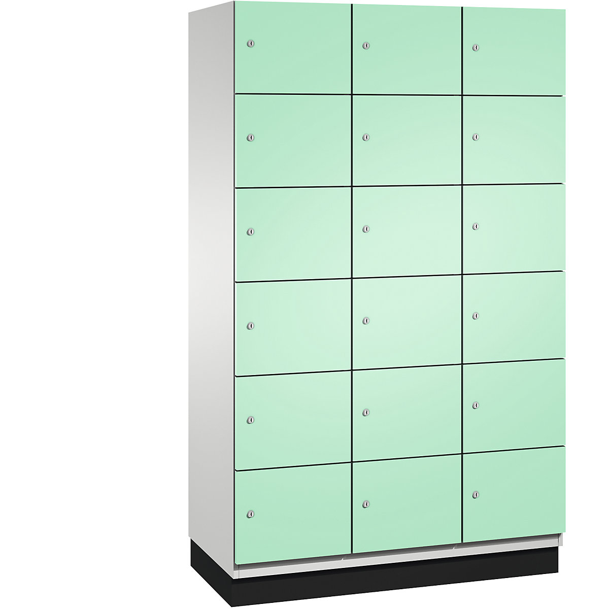C+P – Skříň s uzamykatelnými boxy CAMBIO s dveřmi z ocelového plechu, 18 boxů, šířka 1200 mm, korpus světlý šedý / dveře světlé zelené